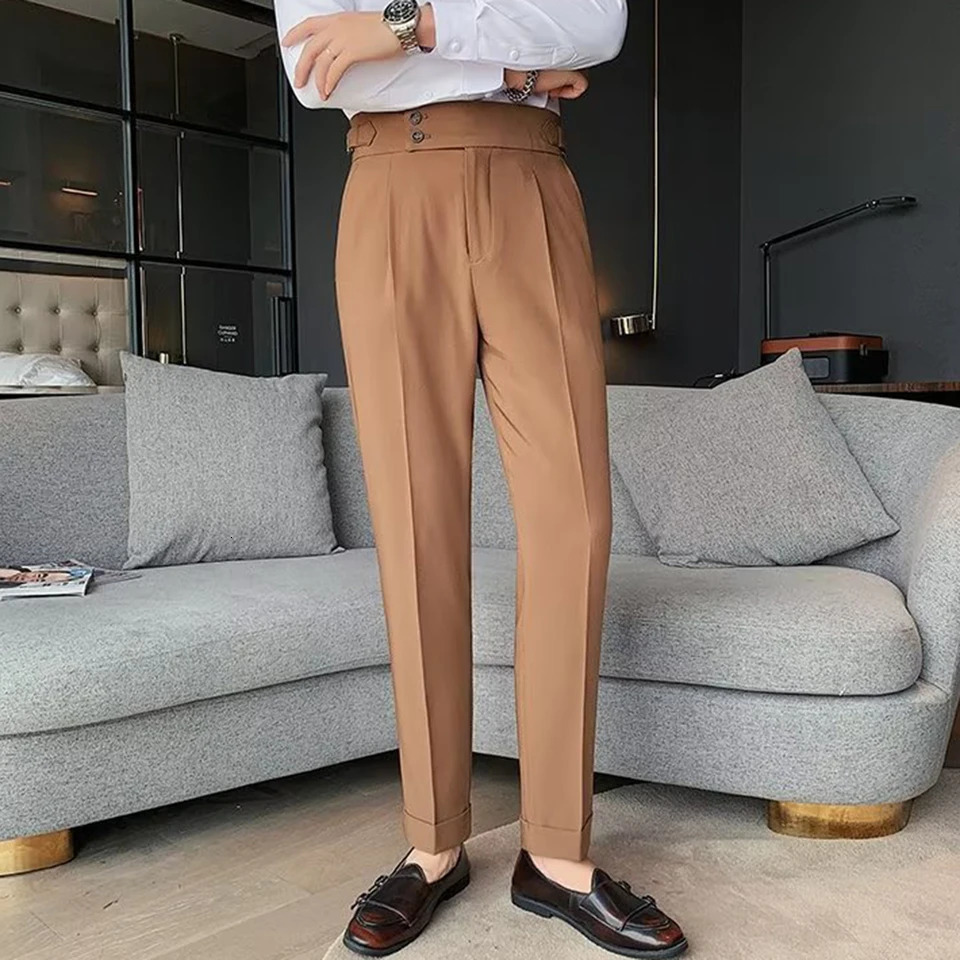 Male Trousers Suit Pants Spring Summer British Style Polyester Slight Stretch Slim Straight Business 240806