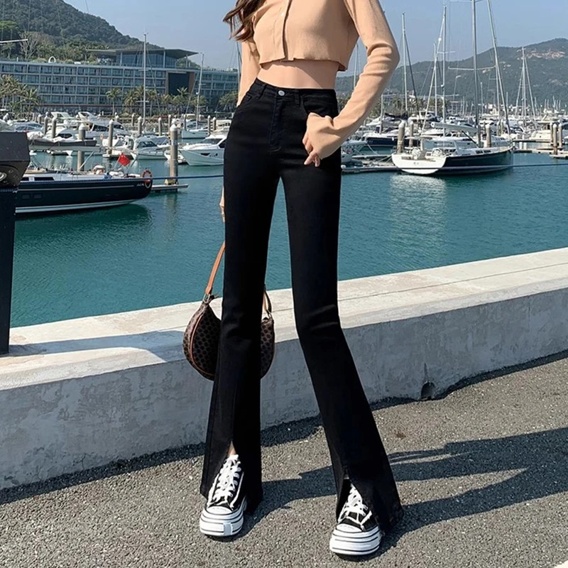 Woman Korean High Waist Flare Jeans Lady Y2k Punk Side Slit Bell Bottom Pants Female Fashion Black Denim Trousers Large Size 240807