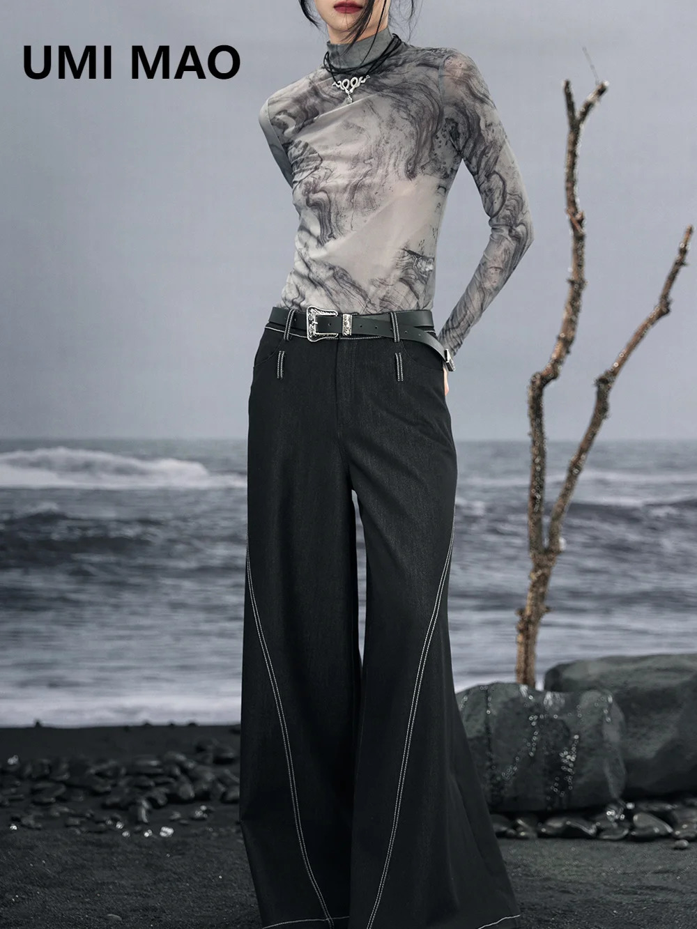 UMI MAO Gifts Belt Vintage Low Waist Bell Bottom Pants Womens Denim Loose Covering Black Versatile Wide Leg Trousers Y2K 240807