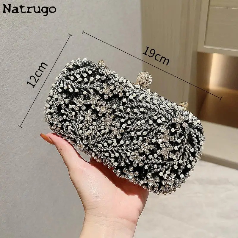 Sparkling Handmade Party Bag Flower Womens Crystal Pearl Clutch Evening Hollow Wedding Shoulder and Wallet 240806Z
