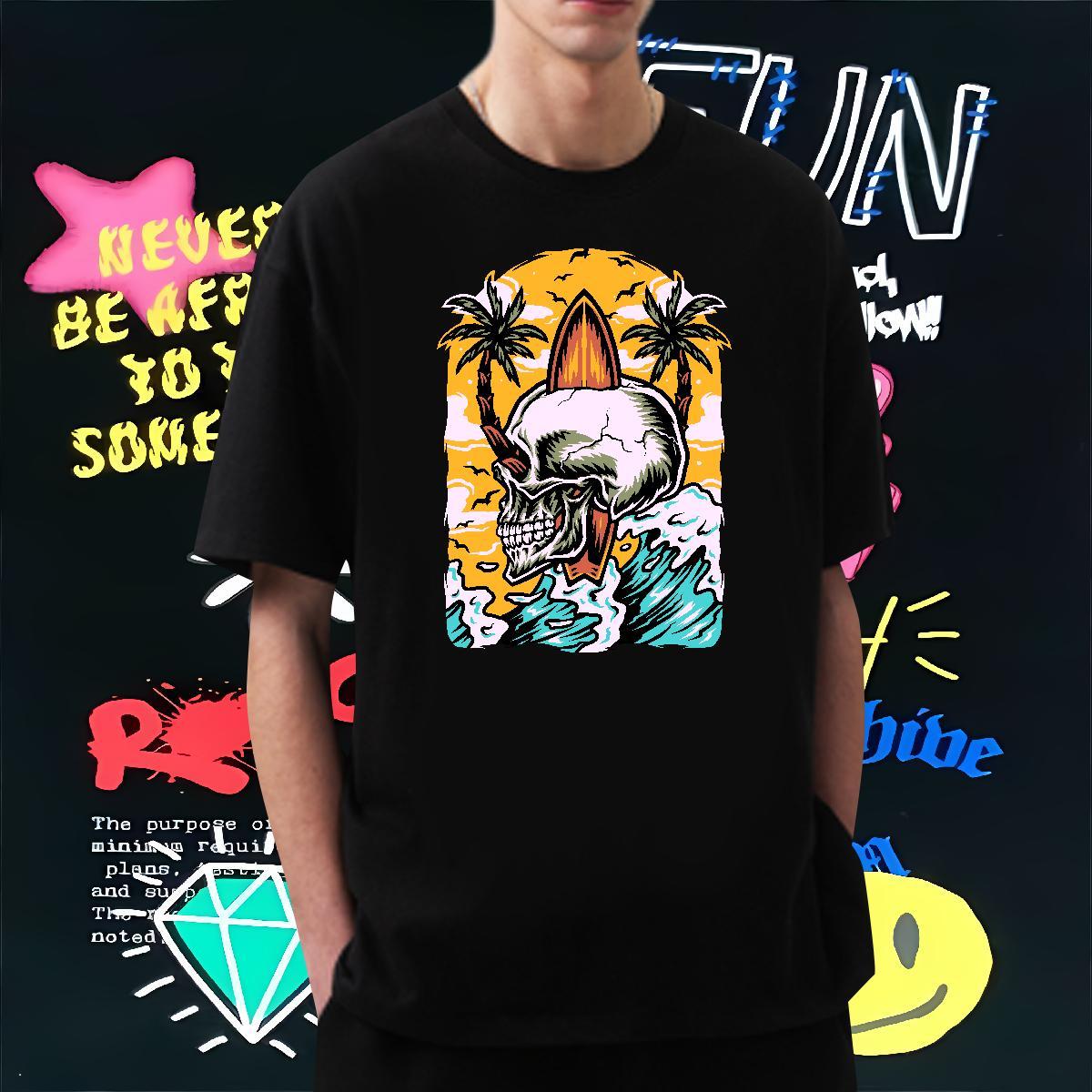 Factory Direct Men T Shirts skull Wear 230g Pure Cotton Beach Loose Skull Breathable Crew Neck Men Tops Tees