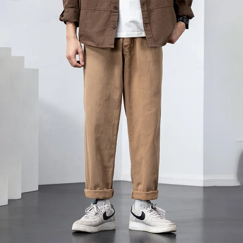 TFETTERS Autumn Khaki Cargo Pants Men Casual Straight Leg Mid Rise Baggy Cotton Japan Style Streetwear 240806