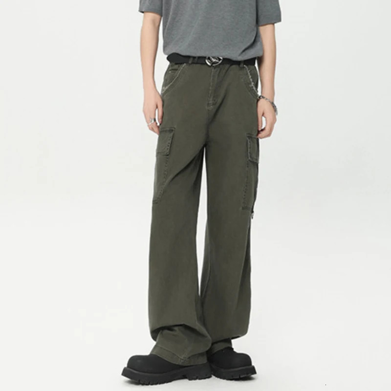 IEFB American Style Mens Overalls Washed Rough Edge Design Vintage Trendy Male Cargo Pants Straight Multipocket 9C6623 240806