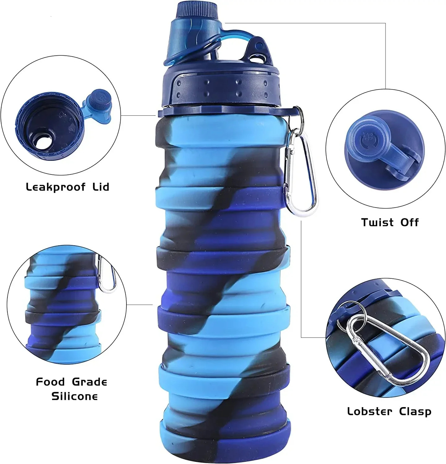 Leeseph silicone water bottle portable foldable sports cup with buckle leak proof outdoor travel 500ml Z260202
