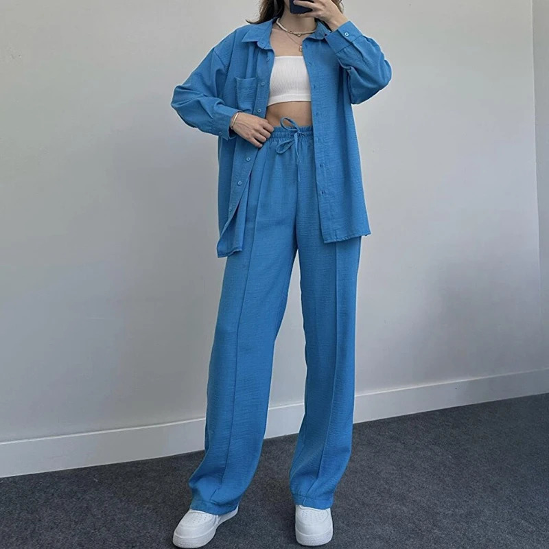 Fashion High Street Lace Up Outfits Spring Autumn Multi Color Women Two Piece Set Casual Collar Button Shirt Pants Sports Suit 240807