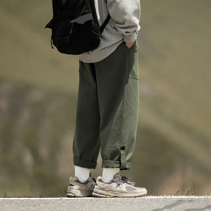 TFETTERS Mens Autumn Cargo Pants Baggy Mid Cotton Straight Leg Man Fleece Thickened Outdoors Trousers 240806