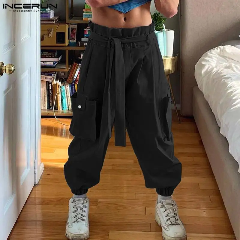 INCERUN Men Cargo Pants Solid Joggers Elastic Waist Trousers With Belt Streetwear Loose Fashion Casual Pantalon S5XL 240806