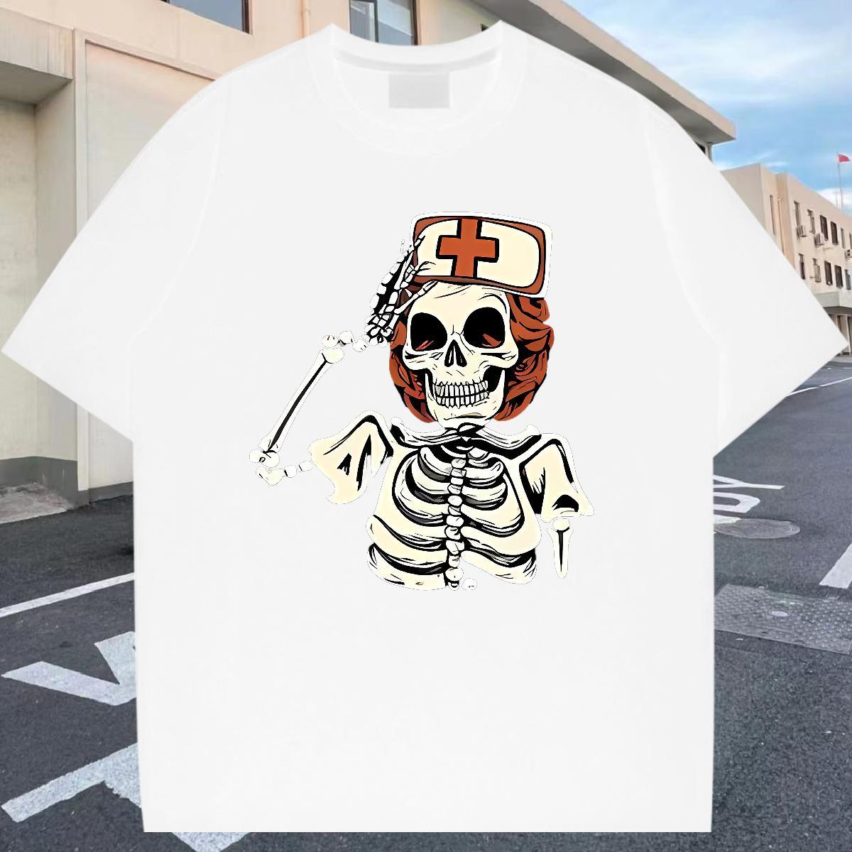 2024 Summer Man T Shirts skull Clothes 230g Pure Cotton Street Wear Cool Cartoon Print Crew Neck Breathable Tshirts