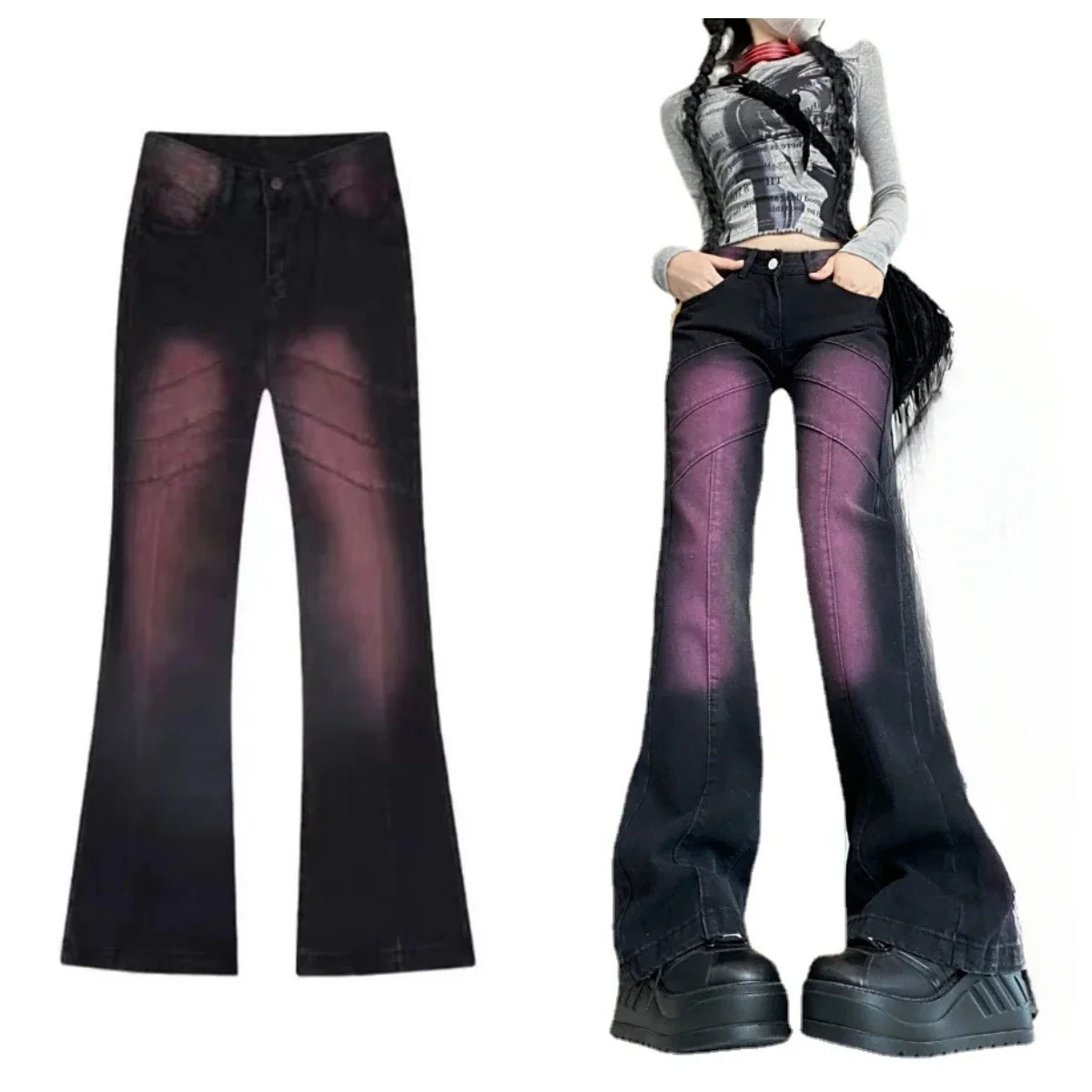 Purple Tie Dye Gradient Women Jeans with Flare Pant Slight Bootcut Bell Bottom Denim Pants y2k high waist fashion elegant cloth 240807
