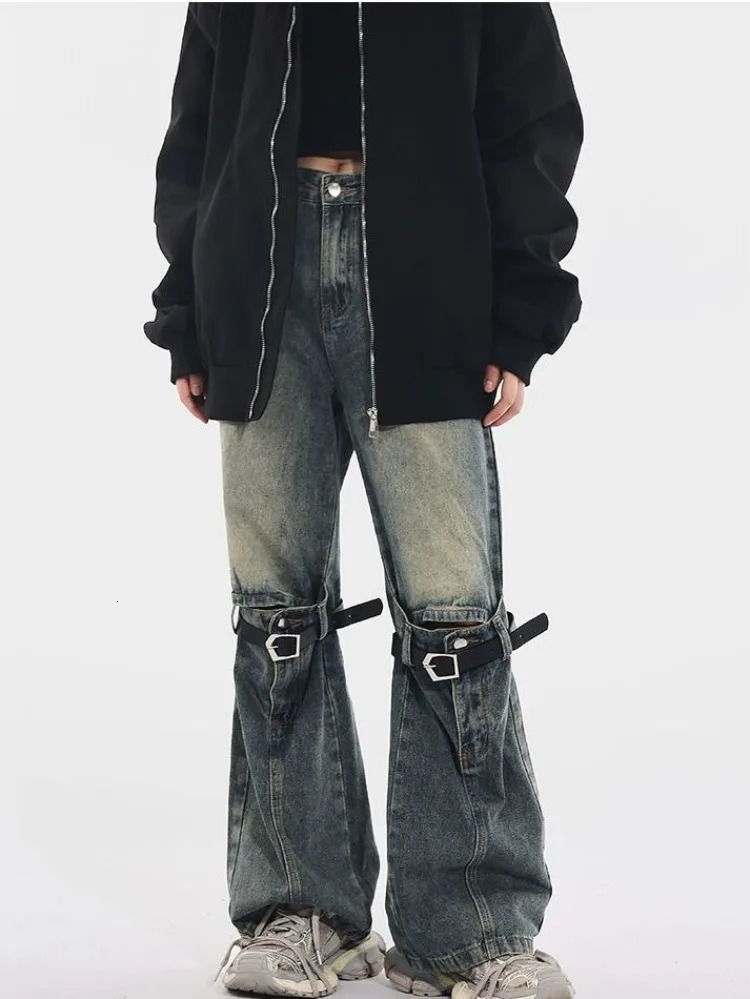 American Retro Washed Bell Bottom Jeans Y2k Grunge High Waist Loose Denim Pants Straight Wide Leg Women 240807