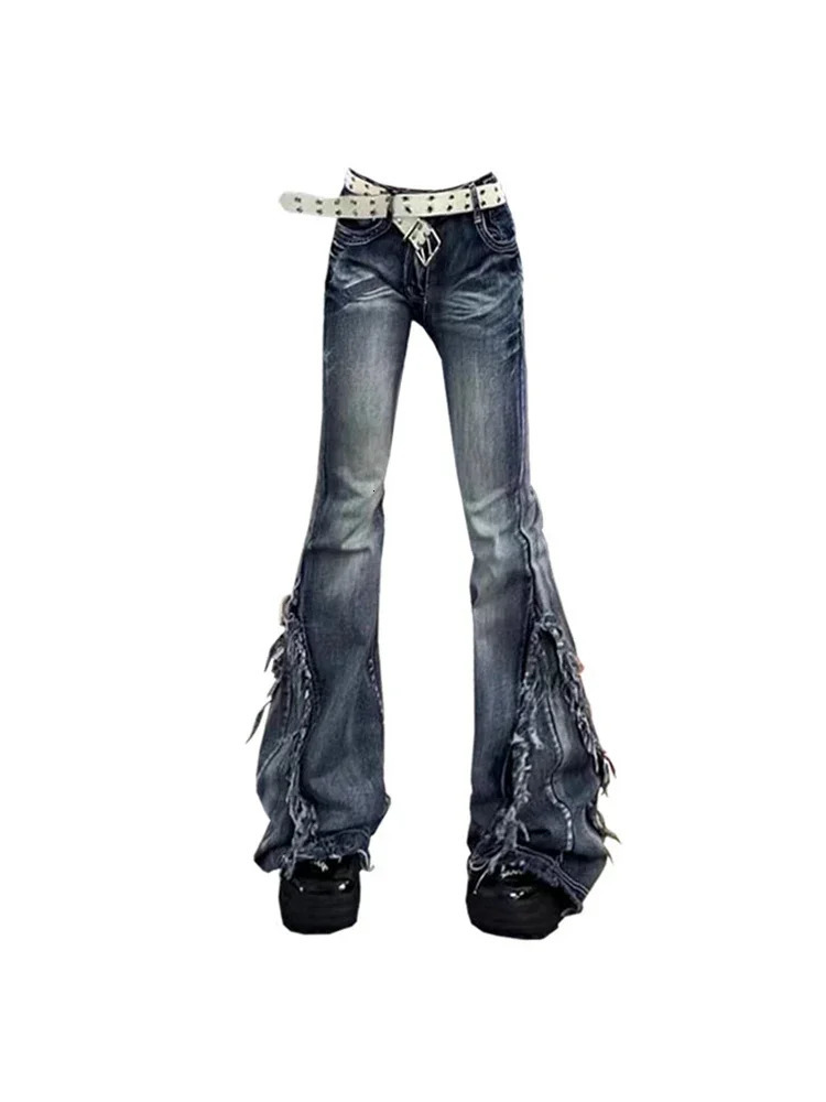 American Retro Y2K Flare Jeans Scratched Slim Bell Bottoms Women Fashion Gyaru Denim Pant Raw Edge Trousers Hip Hop High Street 240807