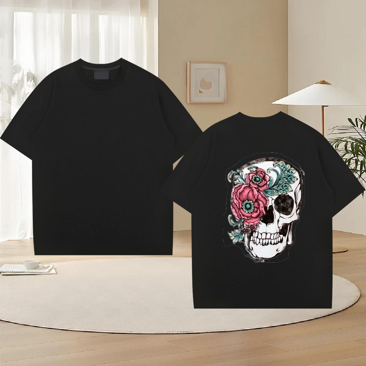 2024 Summer T Shirts Men skull Wear 230g 100% Cotton Casual Daily Wear Brand Floral Print Breathable Short Sleeve Tshirts