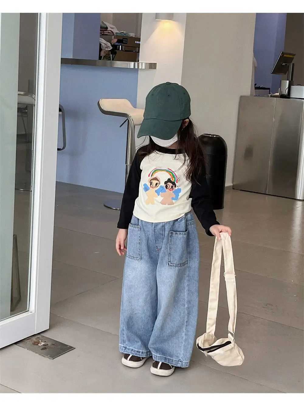 Jeans Spring and Autumn Childrens Pocket Wide Leg Jeans Contrast Loose Relaxed Pants for Boys and Girls Jeans Baby Kids Trousers