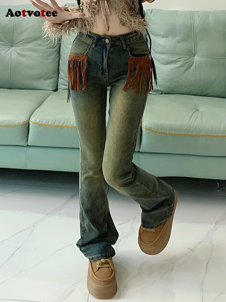 Aotvotee Bell Bottom Jeans for Women Chic Tassel Vintage Washed High Waisted Slim Denim Pants Fashion Full Length Trousers 240807
