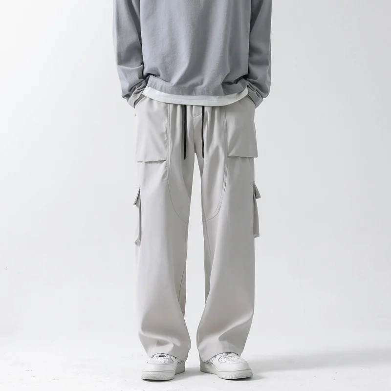 APPEARWAY Summer Mens Cargo Pants Korean Solid MultiPockets Straight Male Hip Hop Street Elastic Waist Loose Trousers 240806