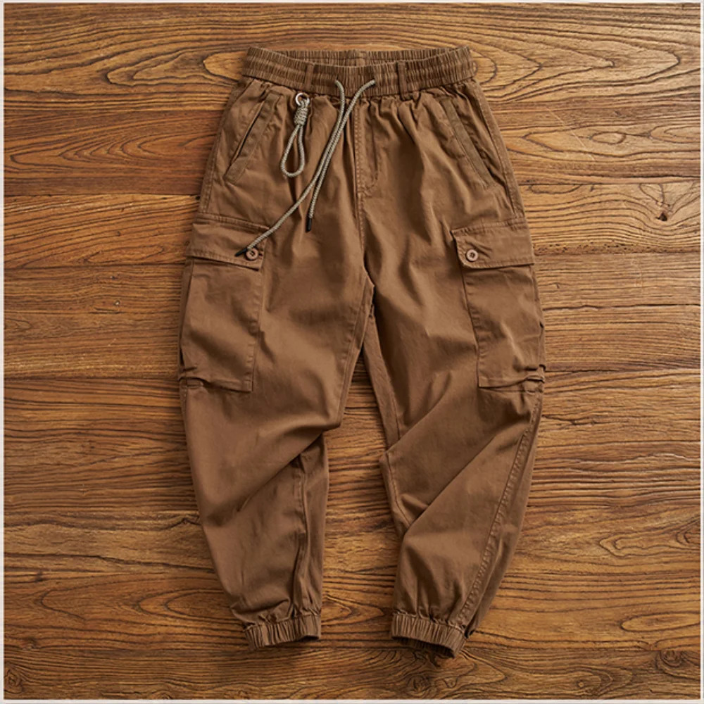 Multipocket work dress foot pants mens casual stretch garment washed to make old loose trend elastic waist Haren 240806