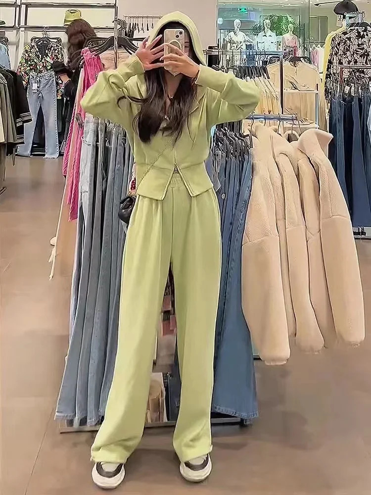 Spring Autumn Solid Color Women Sports Suit Korean Style Zippers Hooded Top And Elastic Waist Wide Leg Trousers Leisure 2pcs Set 240807