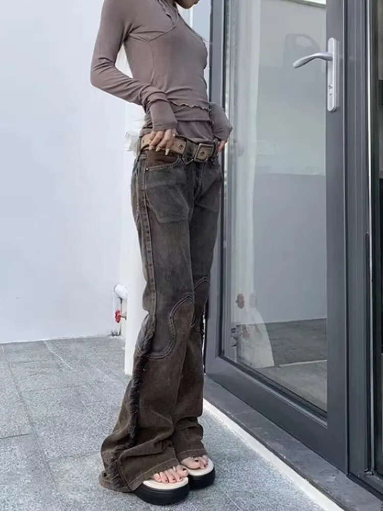 Y2k Grunge Punk Denim Wide Leg Pants Women Heavy Washed Brown Straight Trousers Autumn Vintage High Waist 240807