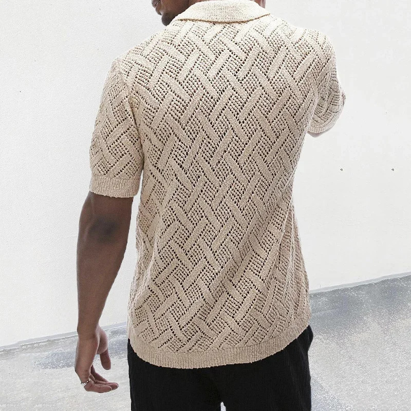 Beach casual breathable knitted shirt mens summer button up collar short sleeved cardigan hollow 240807