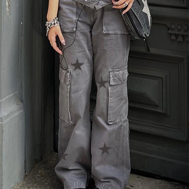 SUCHCUTE Y2K Streetwear Pockets Up Cargo Jeans Gray Star Print Low Rise Gothic Straight Pants Denim Grunge Baggy Pant Vintage 240806