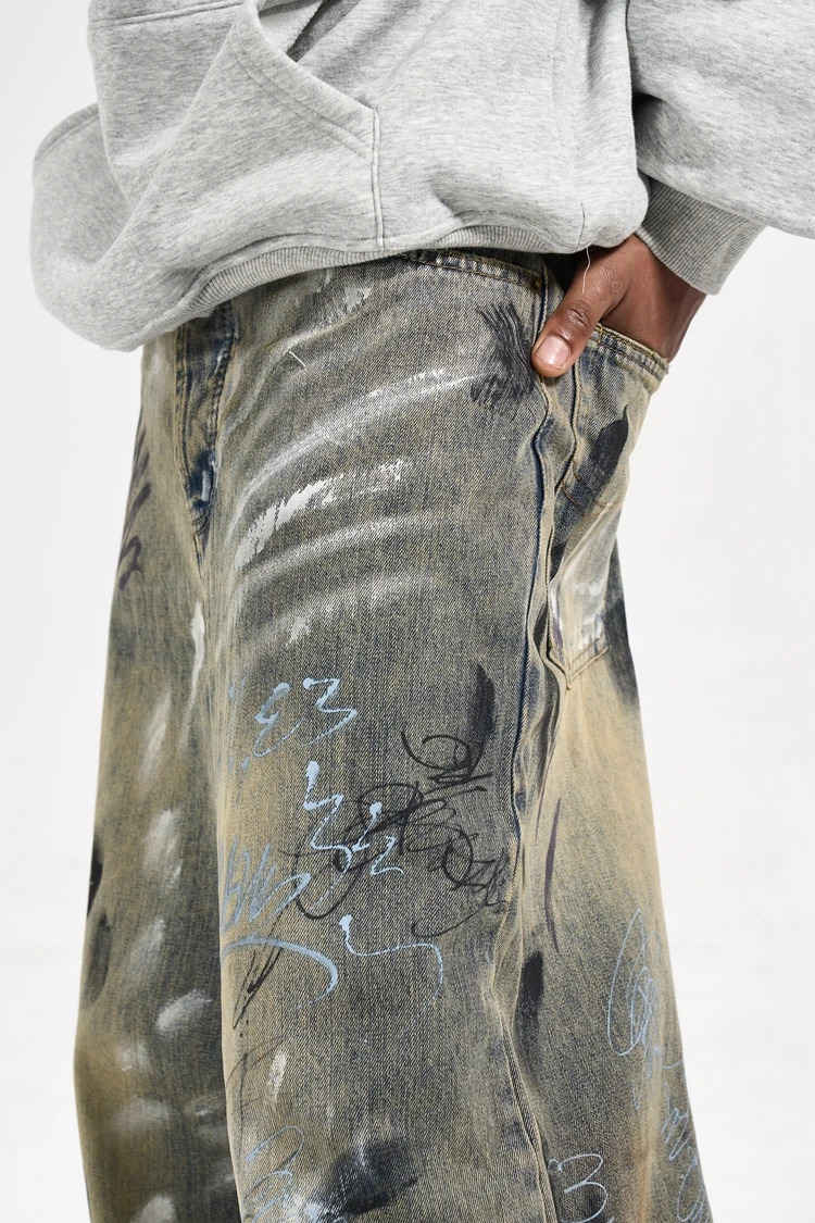 High Street hiphop Style Graffiti handpainted splashink Rags Dirty Wash wideleg Jeans Man 240806