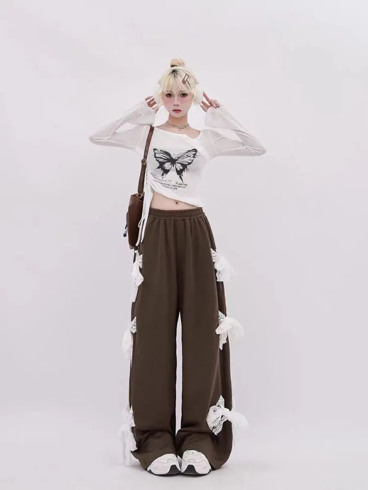HOUZHOU Y2k Kawaii Sweet High Waist Wide Leg Pants Korean Style Fashion Streetwear Bow Bandage Loose Sweatpant Soft Gril 240807