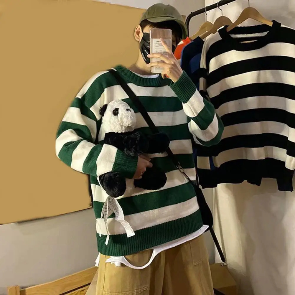 Mens autumn sweater with warm round neck long sleeved zipper comfortable stripes contrasting colors crew collar winter mens clothing 240807