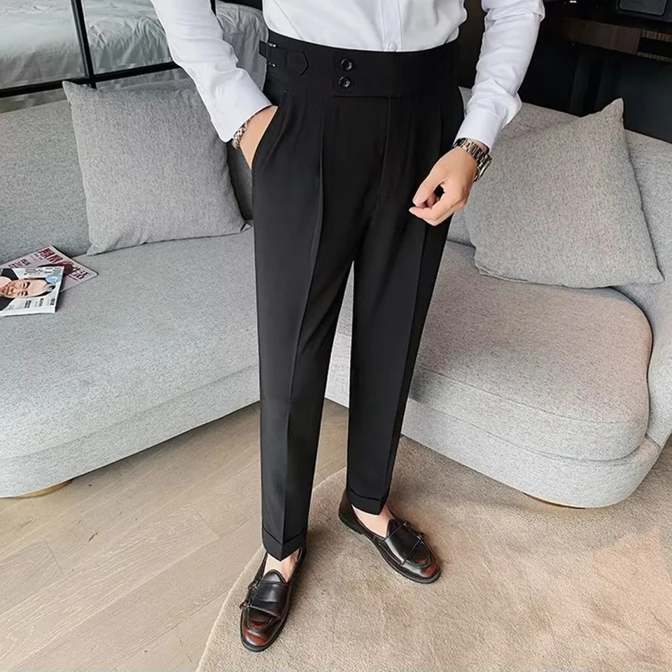 Male Trousers Suit Pants Spring Summer British Style Polyester Slight Stretch Slim Straight Business 240806