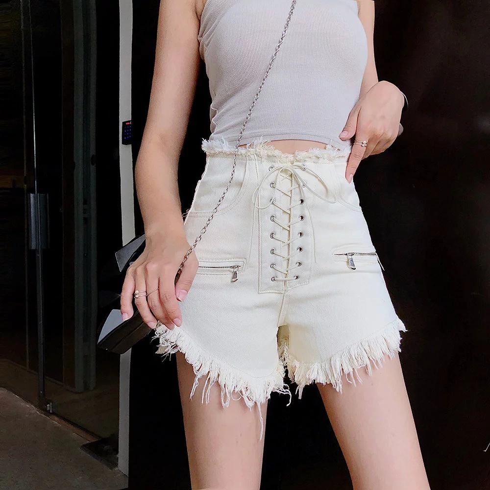 2024 summer new women's high waisted denim shorts with zip ties