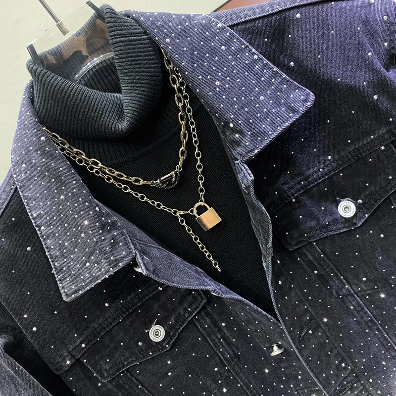 PFHQ High Quality Star Diamond Denim Jacket Mens Casual Loose Trendy Glistan Motorcycle Autumn 21Z2936 240806