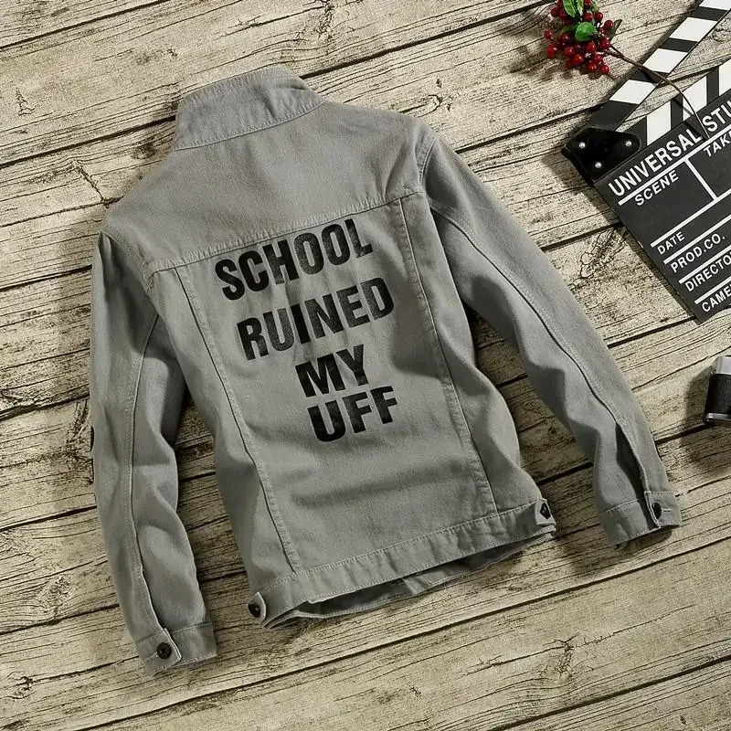 Denim Jackets Man Punk Ripped Jeans Coat for Men Slim Fit with Print Hole Winter Price Stylish on Board Fast Delvery 240806