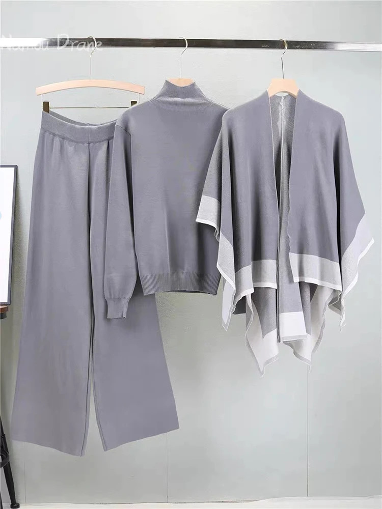 Korean elements Fashion Three-piece Set for Women Autumn Knitted Long-sleeved Sweater Shawl Sports Casual Pants Suit 240807