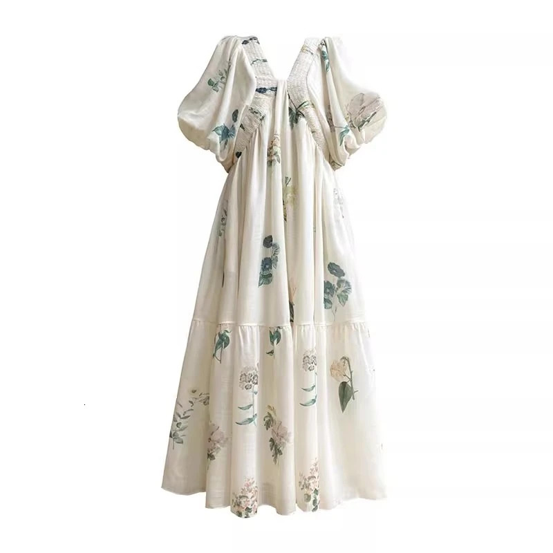 Elegant Print Loose Summer Maxi Dress Women Puff Sleeve Casual V Neck A Line Long Vestidos Female Holiday Lace Up Clothing G575 240807