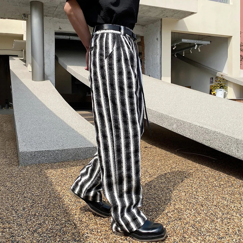 PFNW Chic Male Causal Trousers Belt Design Personality Washed Stripe Pockets Mens Wide Leg Pants Trend Spring 9C4001 240806