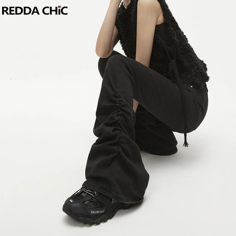 REDDACHiC Tall Girl Shirred Flare Jeans Basic Solid Black Bootcut Pants High Rise Denim Bell Bottoms Women Harajuku Y2k Trousers 240807