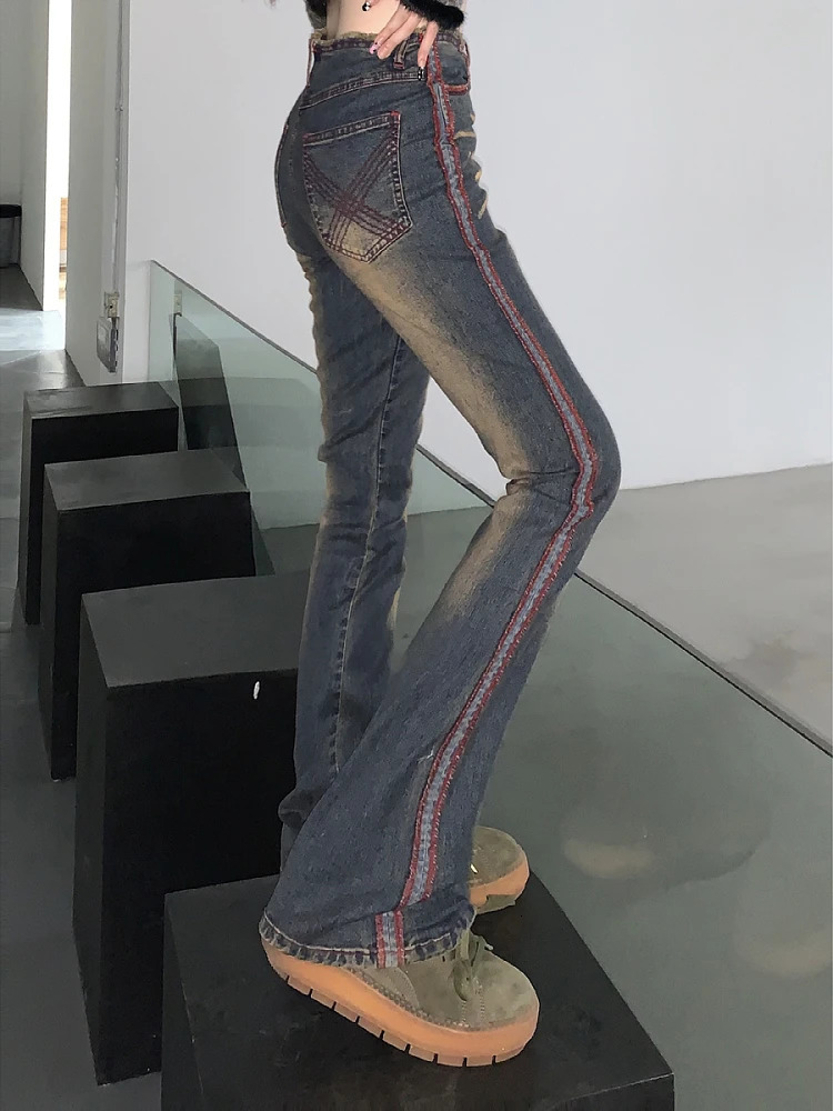 Woman Autumn Flared Jeans Pleated Pants Aesthetics Tunic Kpop Single Breasted Low Waist Wash Casual Denim Gyaru 240807