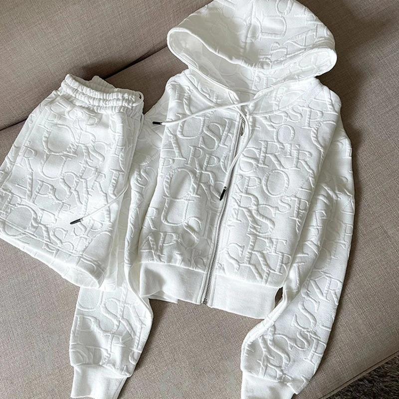 Letter Printing Sets For Women 2 Pieces Zipper Long Sleeve Hooded And Drawstring Shorts Tracksuits Womens Suit Outfit 240807