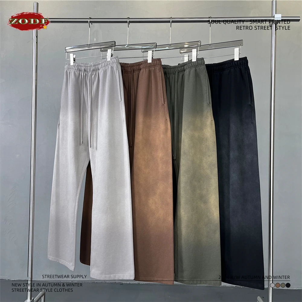 ZODF Retro Autumn Mens Washed Pants Unisex Heavy Weight 450gsm Sports Knitted Straight Trouser Clothes HY0916 240806