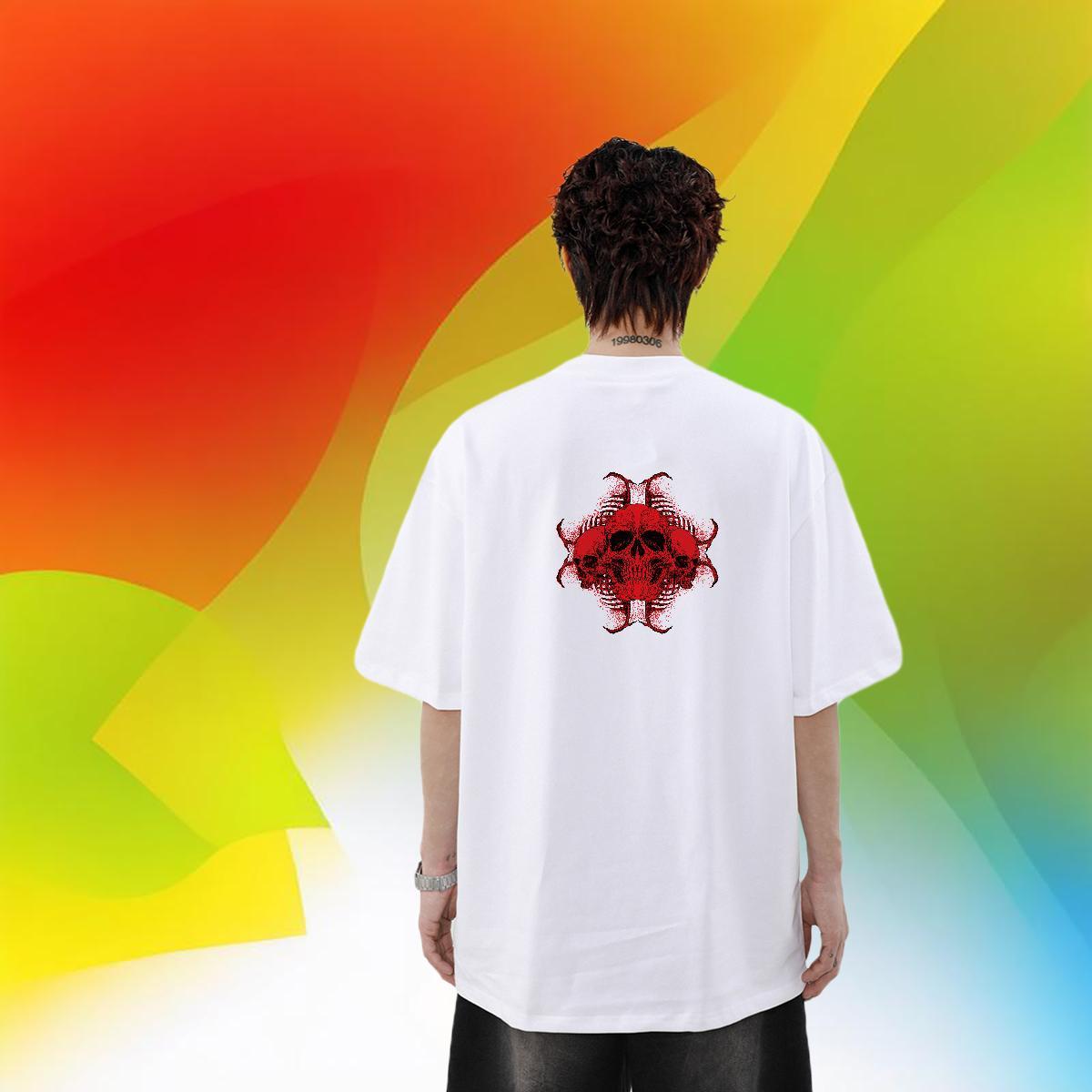 Fashion New Men T Shirts skull Tops Tees 230g Pure Cotton High Street Hip Hop Cool Black Oversized Crew Neck Men Tees