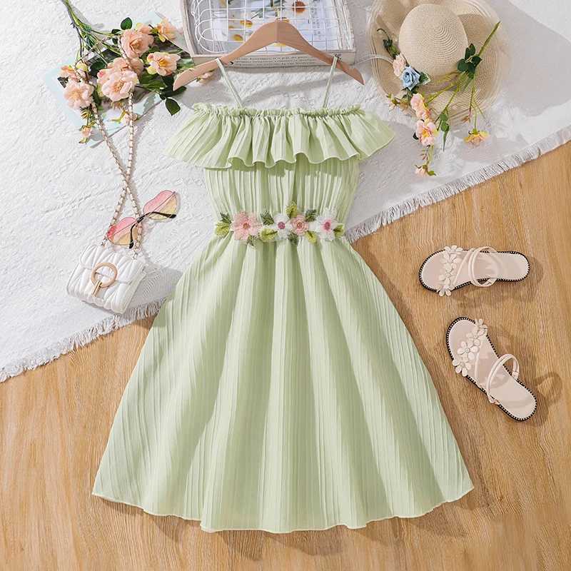 2024 new summer girls slip dress with lace green shoulder flower belt fashionable and cute casual princess dress for children aged 8-12W240720