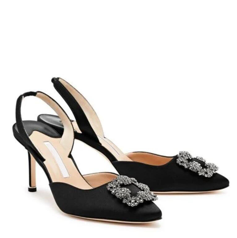 Designer- mid heels Women pump sandals Hangisli 70mm Satin Slingback Heels with Crystal Jewel pumps red black white heel