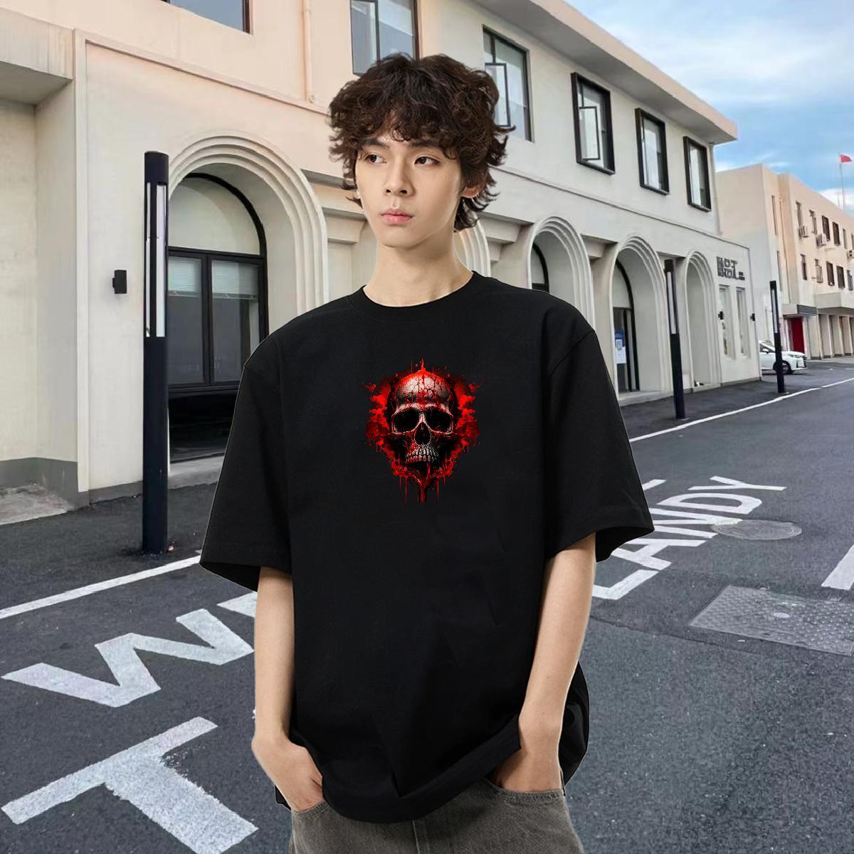2024 New T-Shirts for Men skull Tops 230g Pure Cotton High Street Hip Hop Wholesale DIY Crew Neck Breathable Men Clothes T-Shirt