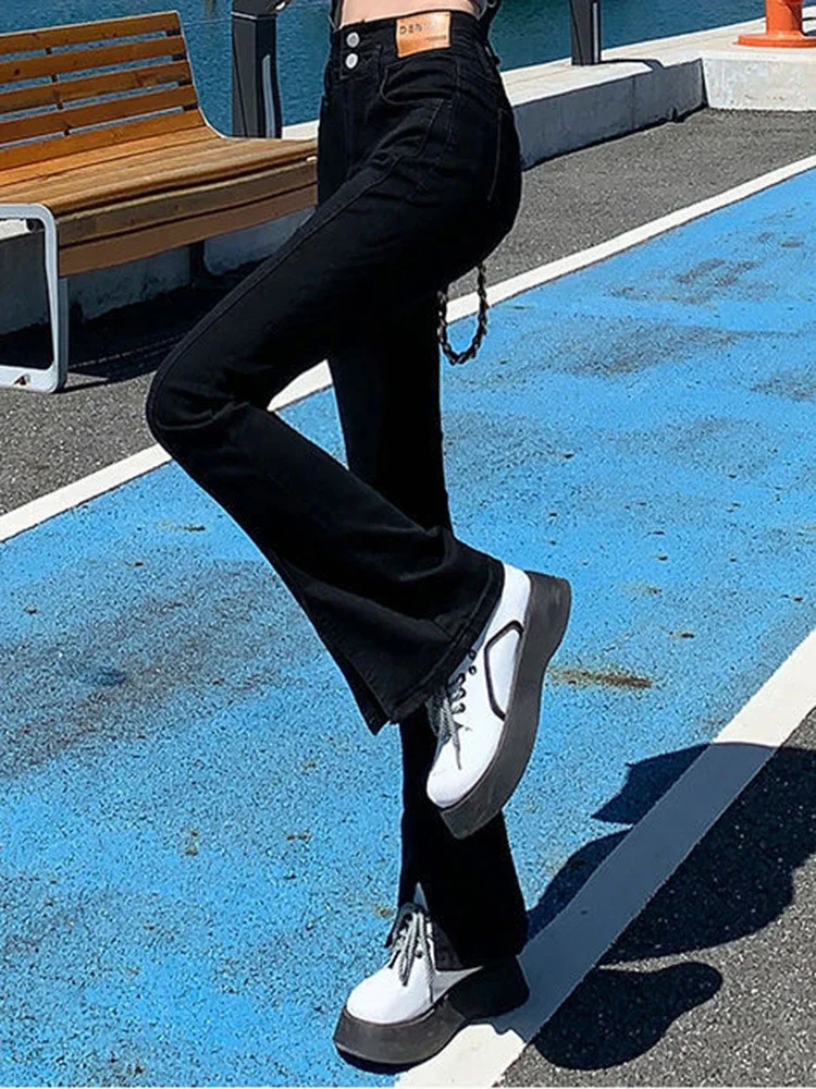 Women Black High Waist Jeans Fashion High Street Side Slit Bell Bottom Flare Pants Girls Gothic 90s Vintage Y2k Denim Trousers 240807