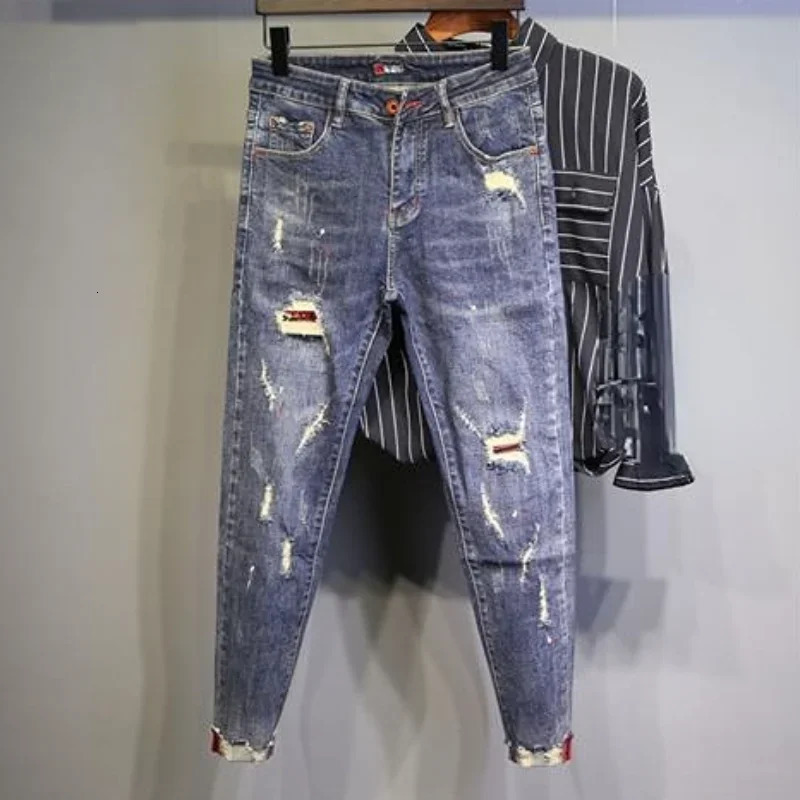 Man Cowboy Pants Skinny Mens Jeans Ripped Trousers Slim Fit Torn Cropped with Holes Tight Pipe Broken Korean Fashion Denim Xs 240806