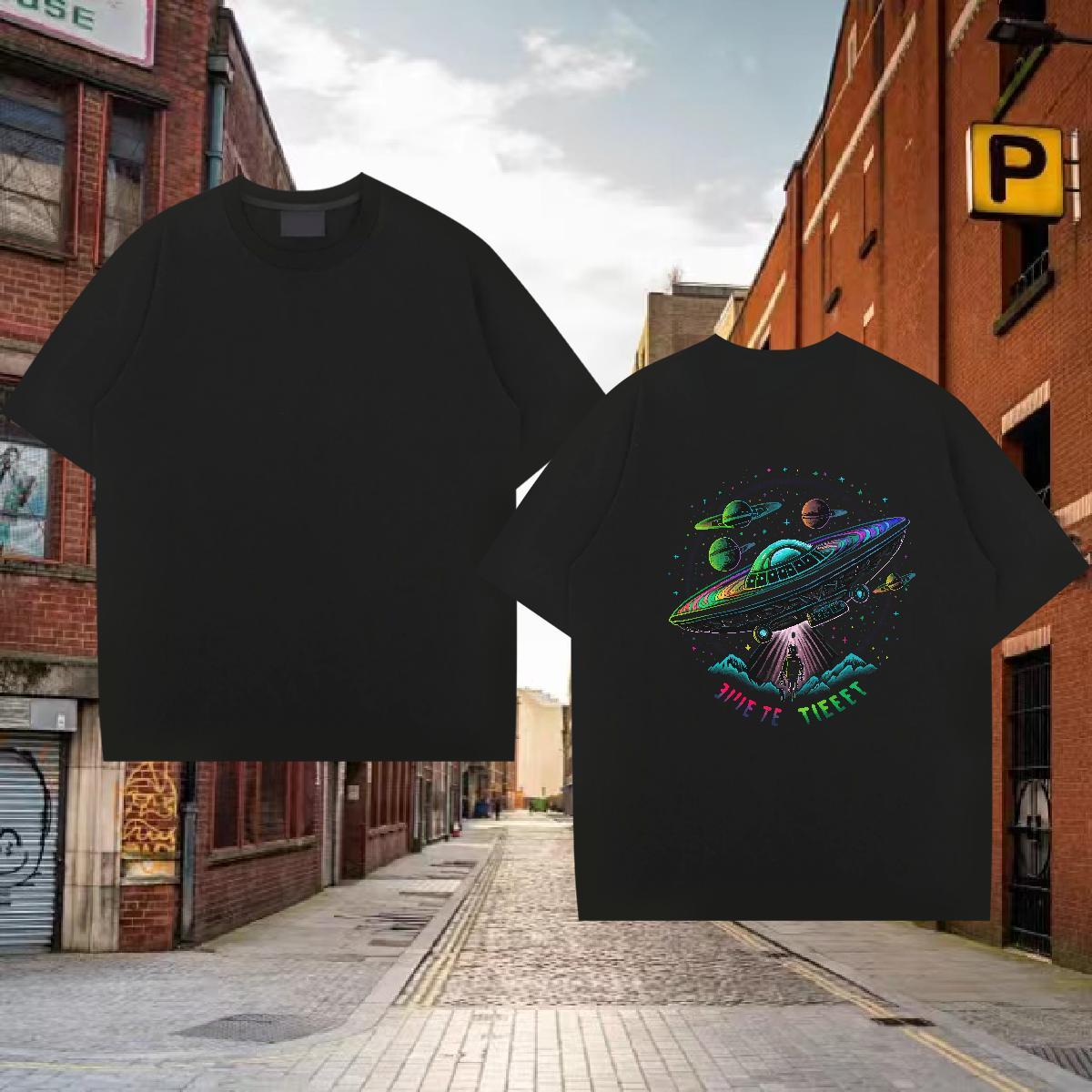 Classic Men T Shirts UFO Tees Shirts 100% Cotton 230g Daily Wear Wholesale Custom Cartoon Crew Neck Breathable Tshirt for Man Woman