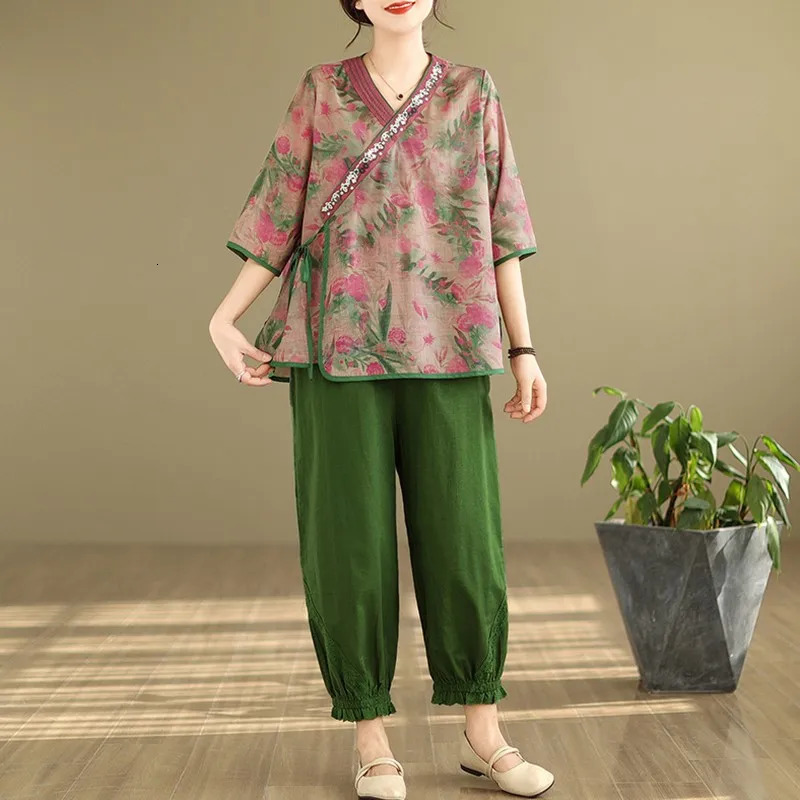 2 Piece Sets Women Casual Pant Suits Arrival Summer Chinese Style Vintage Print Loose Female Tops And Harem Pants B3815 240807