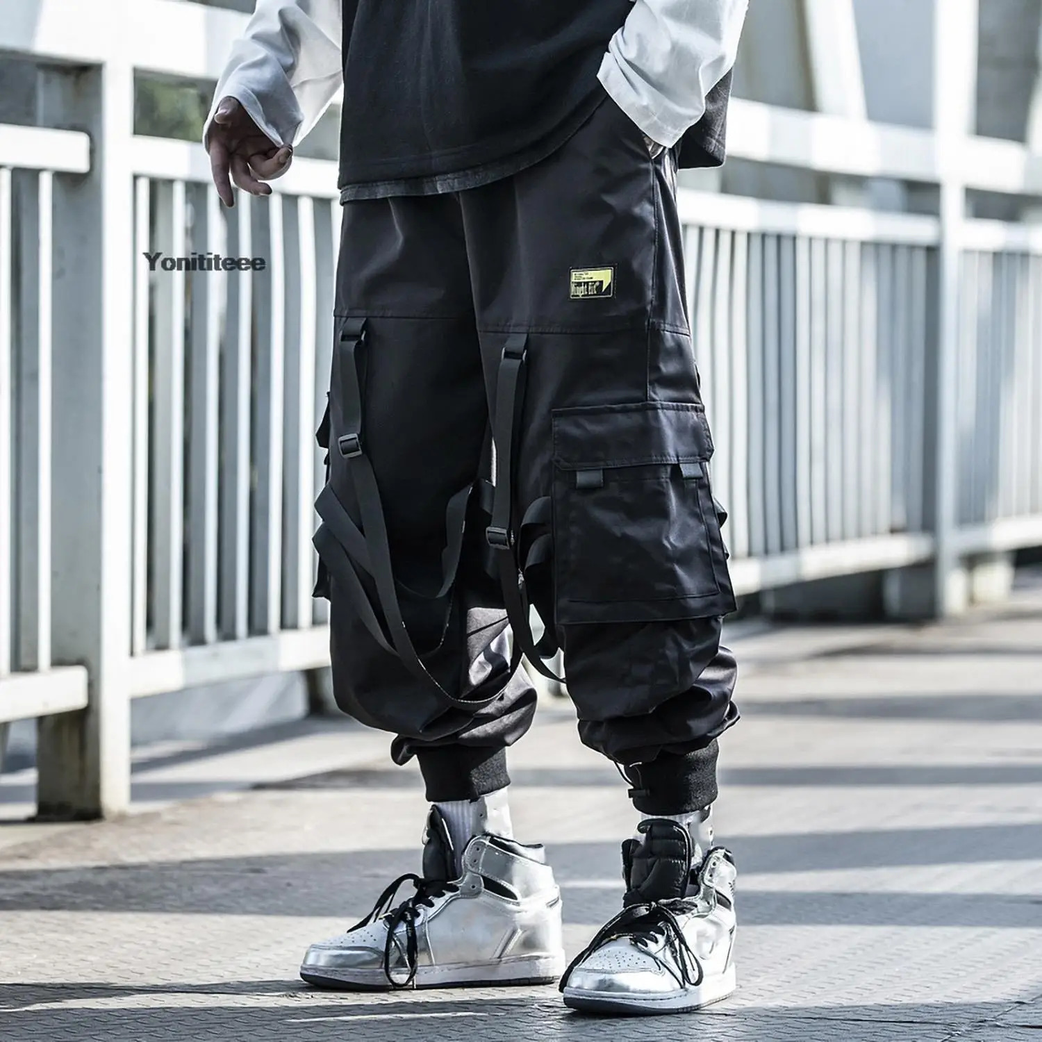 Mens Ribbon Straps Studded Techwear Jogger Punk Ankle Cargo Pants Black 240806