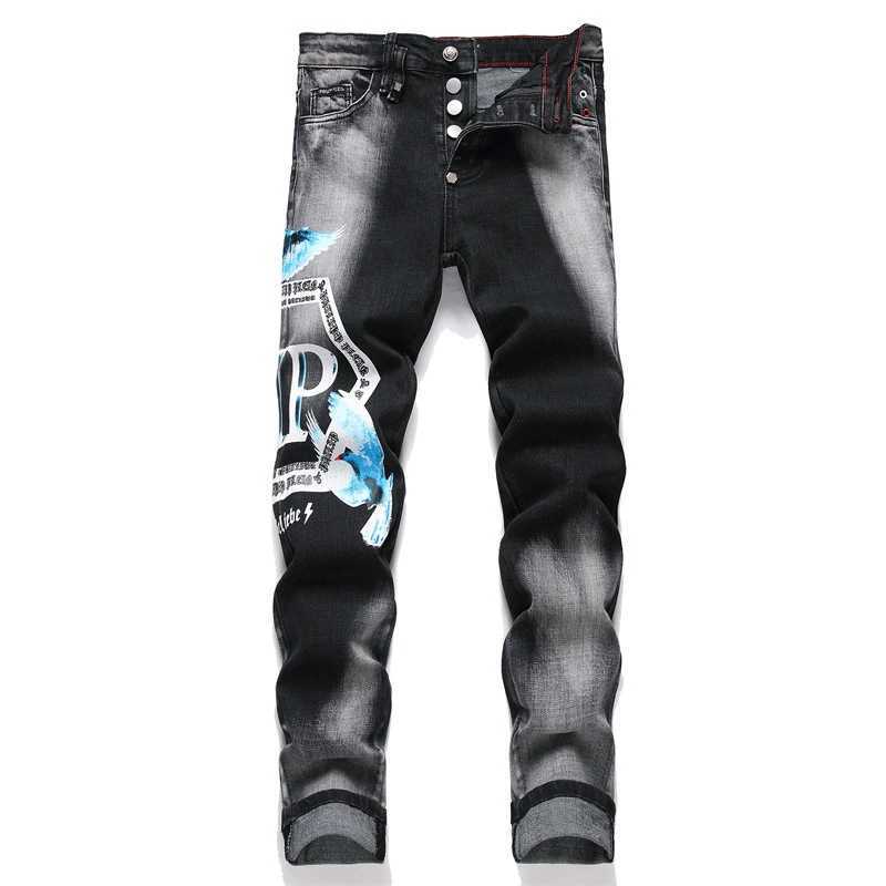 Mens Black Jeans 2024 new Fashion Letter Print Mid-Waist Casual Pants Street Trend Stretch Casual Denim PantsM240803