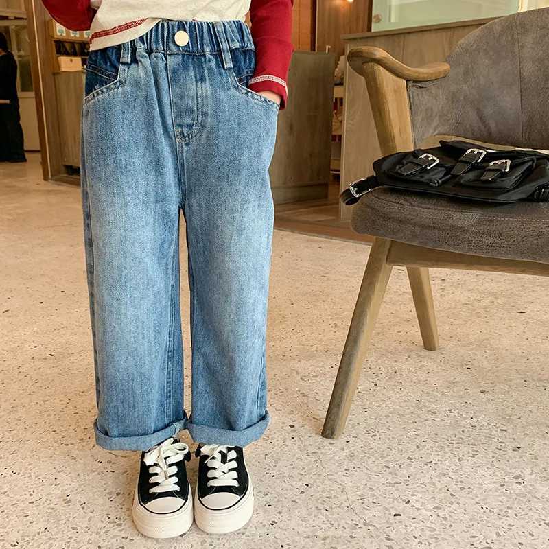 Jeans Autumn girls fashion straight denim pants Kids casual all-match washed jeans