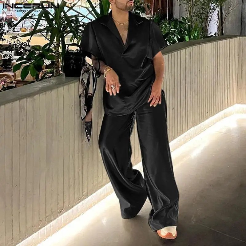 2024 Men Sets Solid Color Streetwear Satin Lapel Short Sleeve Shirt Pants Two Pieces Sets Fashion Mens Casual Suits INCERUN 240806